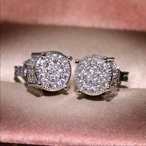 White Gold/ 925 Round Diamond Micro Pave Stud Earrings